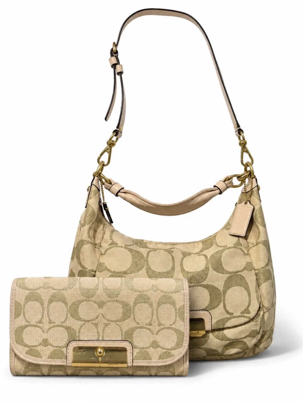 Coach Kristin Signature Hobo Bag + Matching Wallet Set Beige Gold